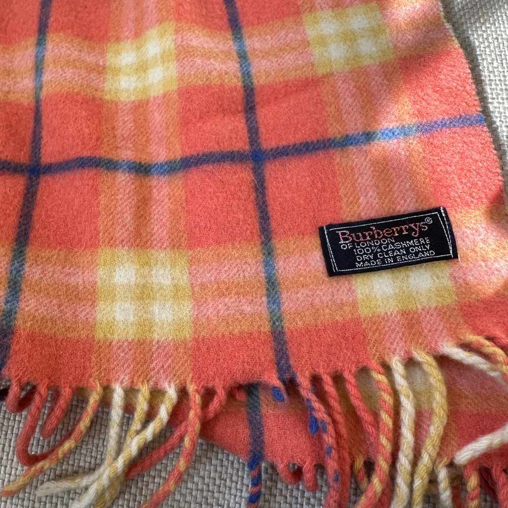 burberry cashmere scarf. orang with blue plaid - Picture 3 of 5